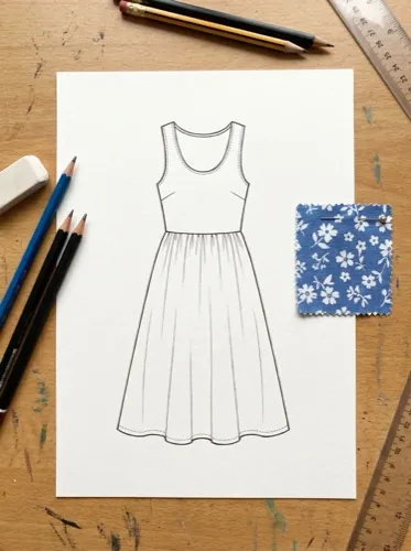 Fashion designer sketch of a dress with a fabric swatch