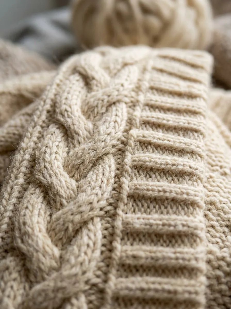 Knit detail shot of a cream cable-knit sweater
