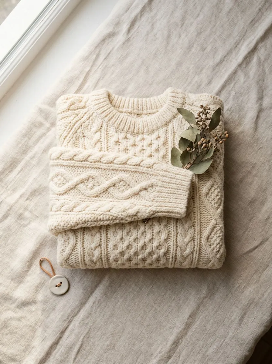 Flat-lay shot of a cream cable-knit sweater