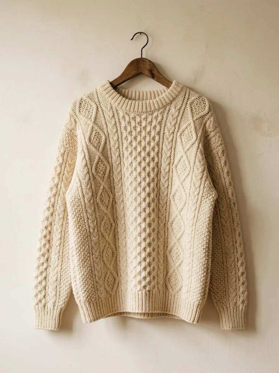 Hanger shot of a cream cable-knit sweater