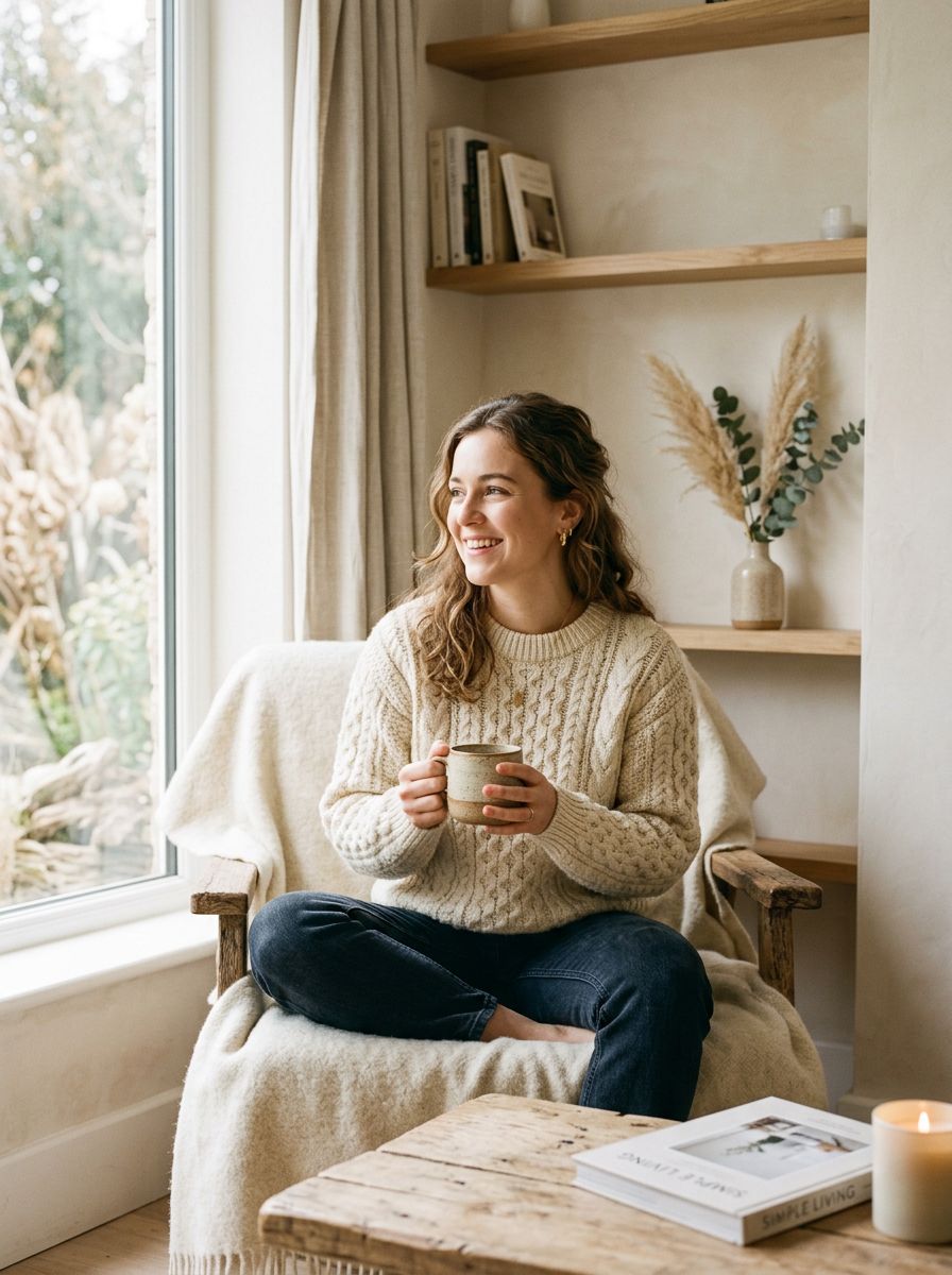 Lifestyle shot of a cream cable-knit sweater