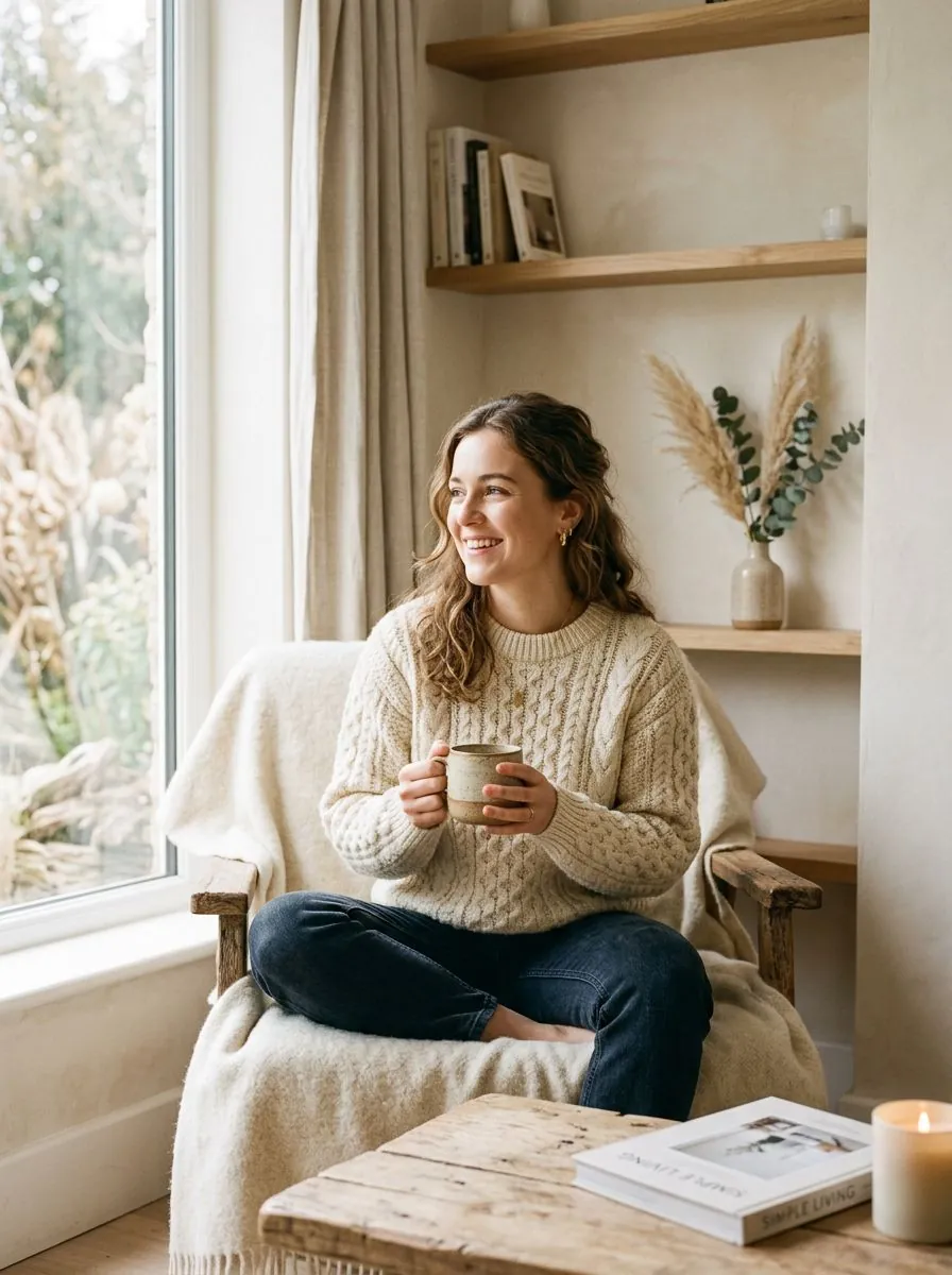 Lifestyle shot of a cream cable-knit sweater