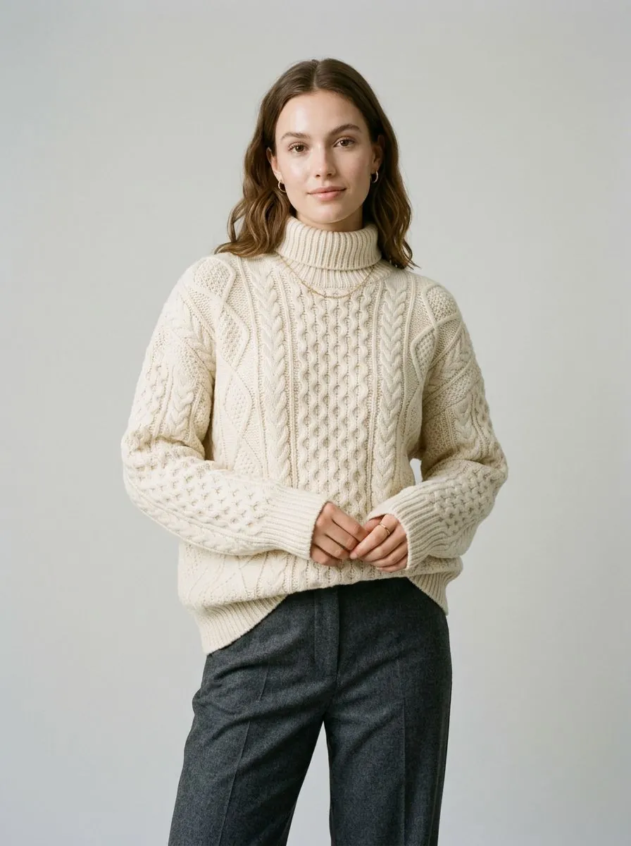 On-model shot of a cream cable-knit sweater