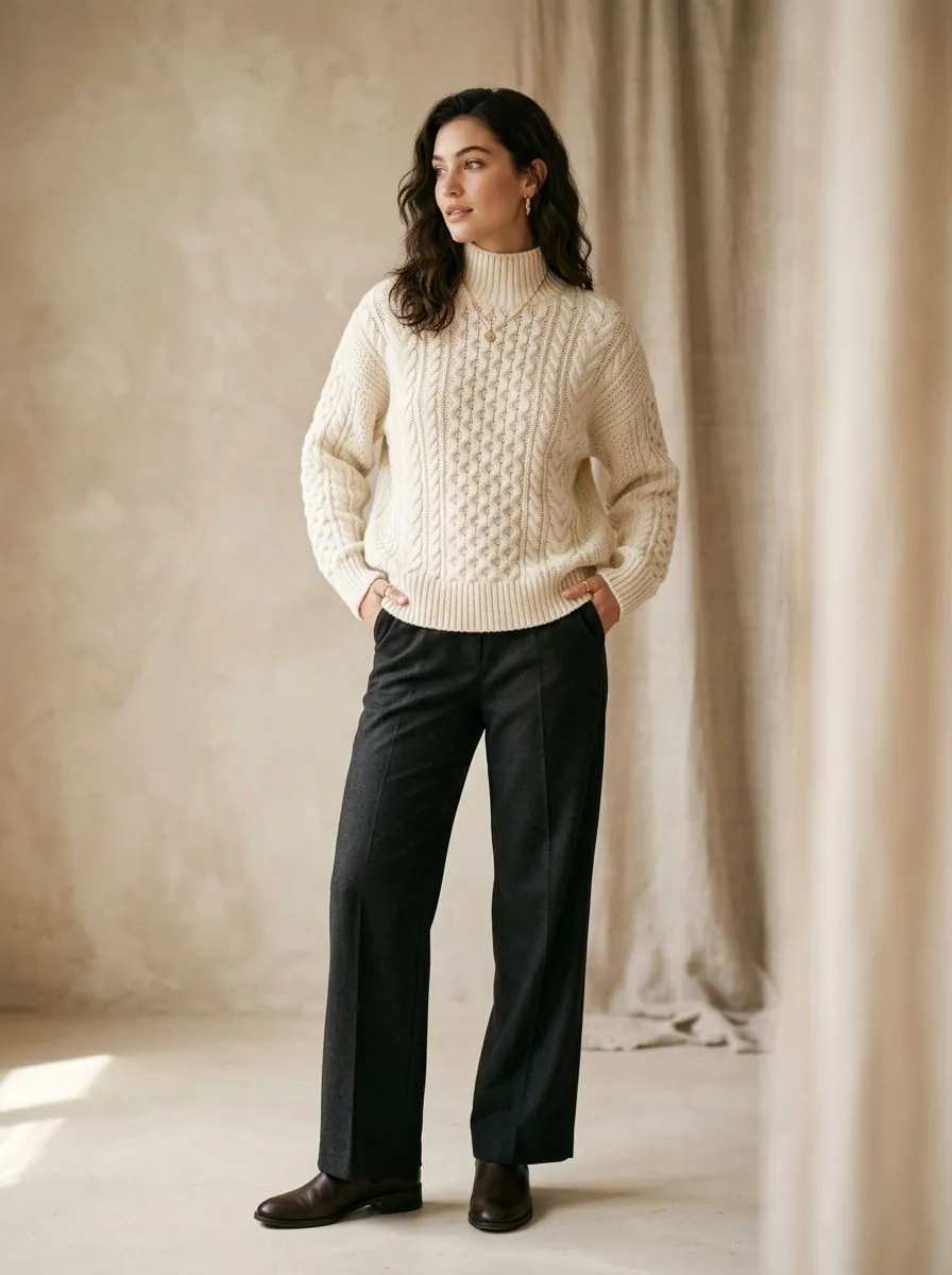 Three-quarter shot of a cream cable-knit sweater