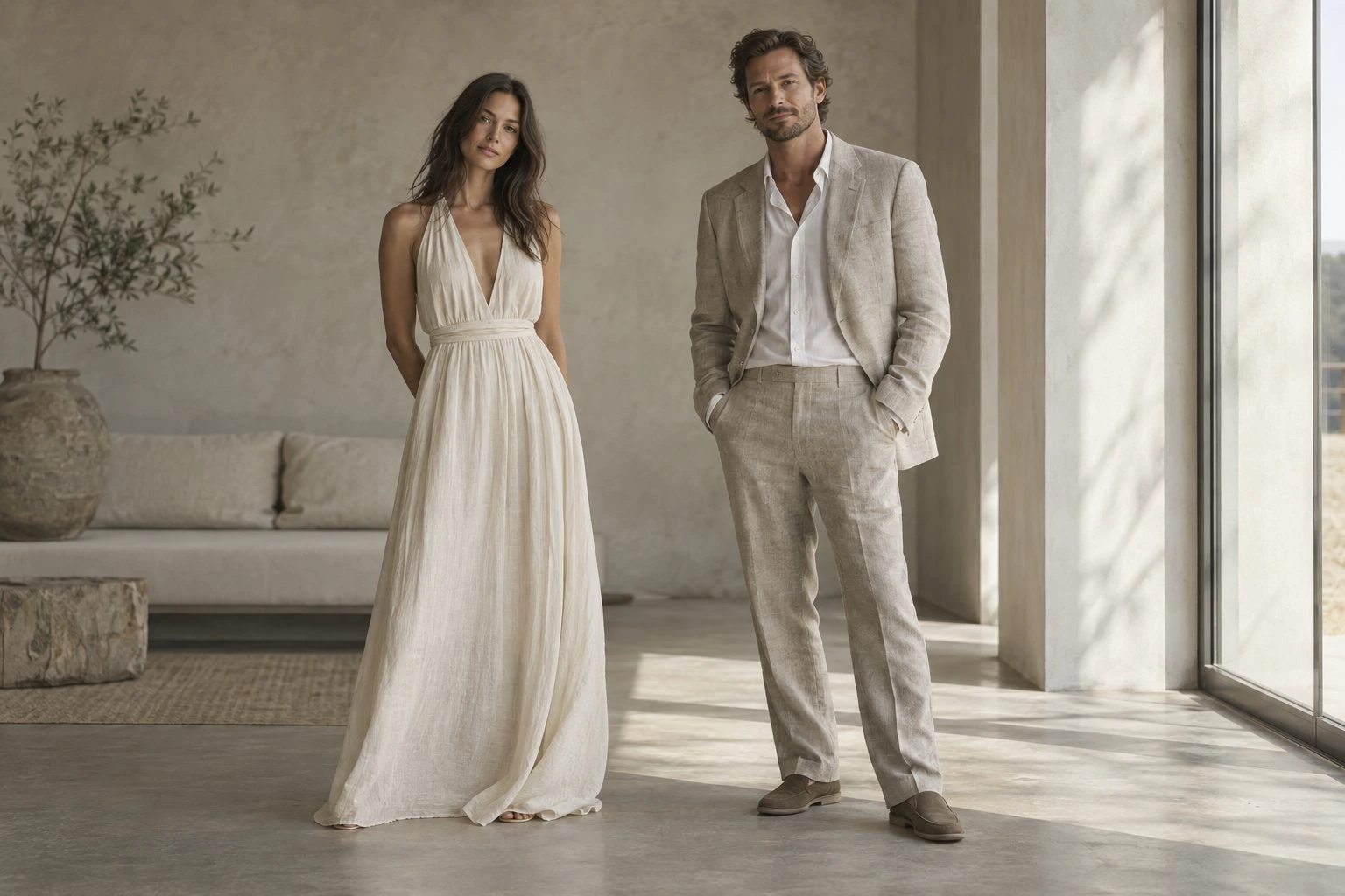 AI-generated on-model shot: a woman in an ivory linen dress and a man in a stone linen suit in a sunlit minimal interior