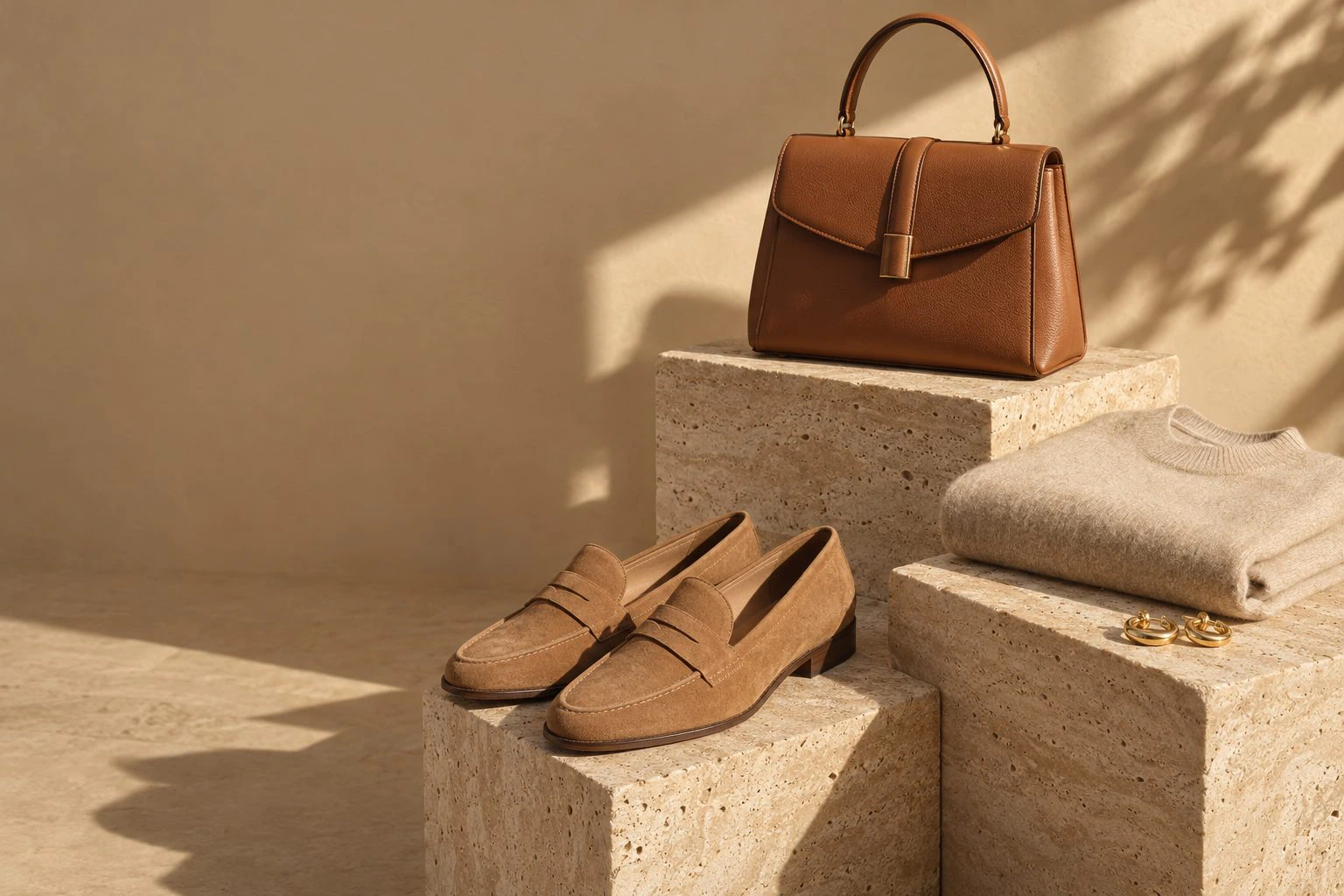 AI-generated styled still life: a cognac leather handbag, suede loafers, a cashmere sweater and gold hoops on travertine blocks in hard afternoon sun